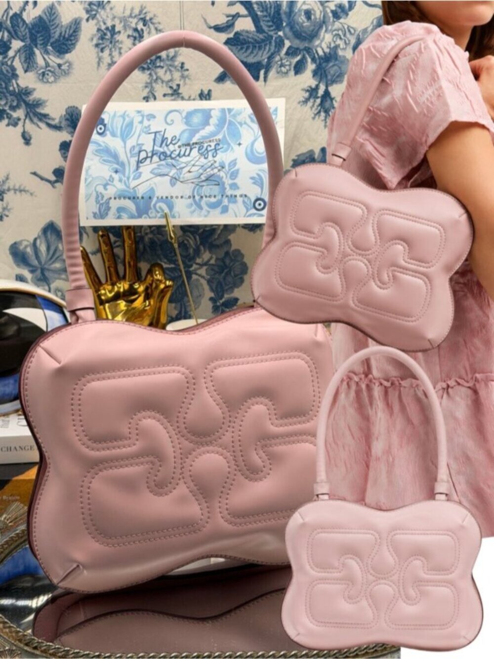 🆕 GANNI 🧿 NWOT Butterfly Shoulder Bag, Embroidered Logo - Soft Pink